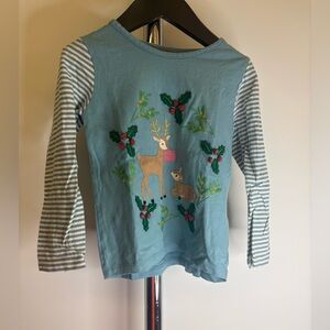 Mini Boden Girls Blue Reindeer & Holly Appliqué Long Sleeve Top | Size 3–4Y